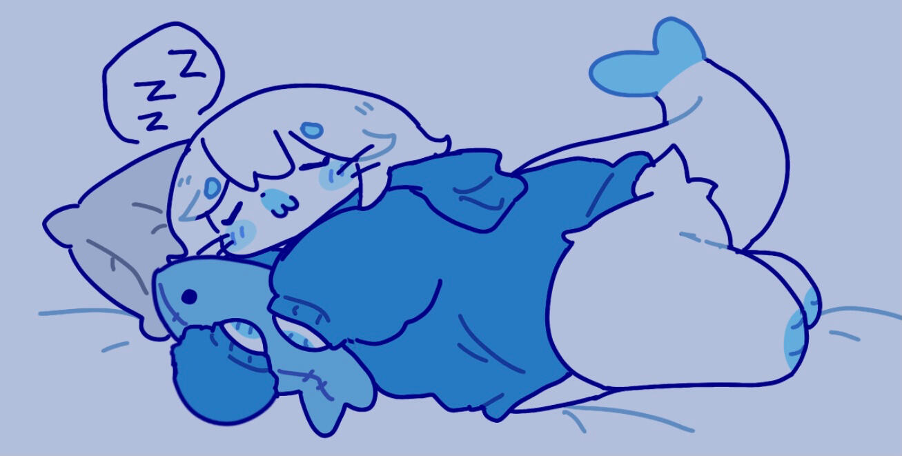 maisie w her big fish plushie, snoozing :3